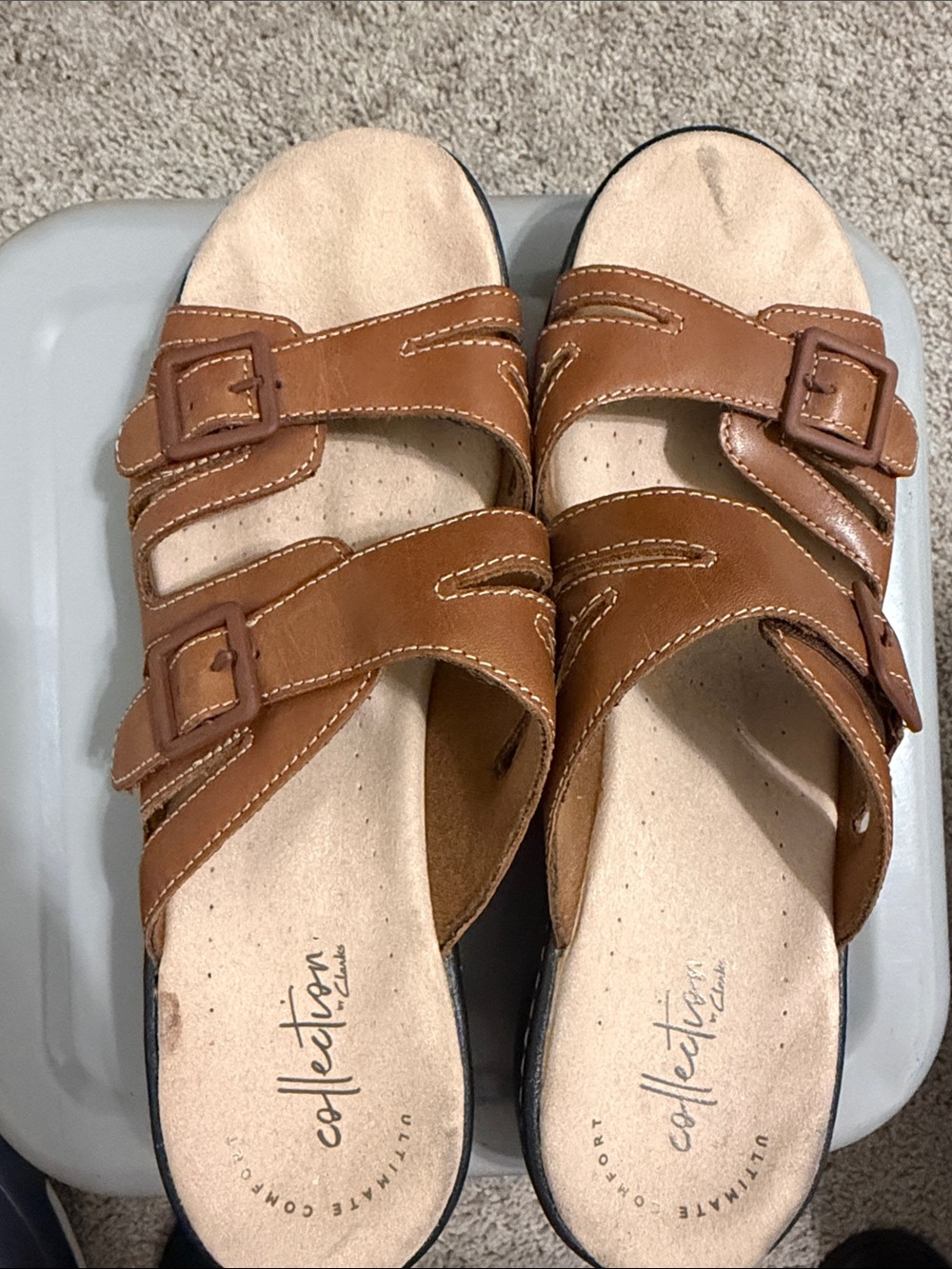 Clarks Tan Double-Buckle Leather Slide Sandals